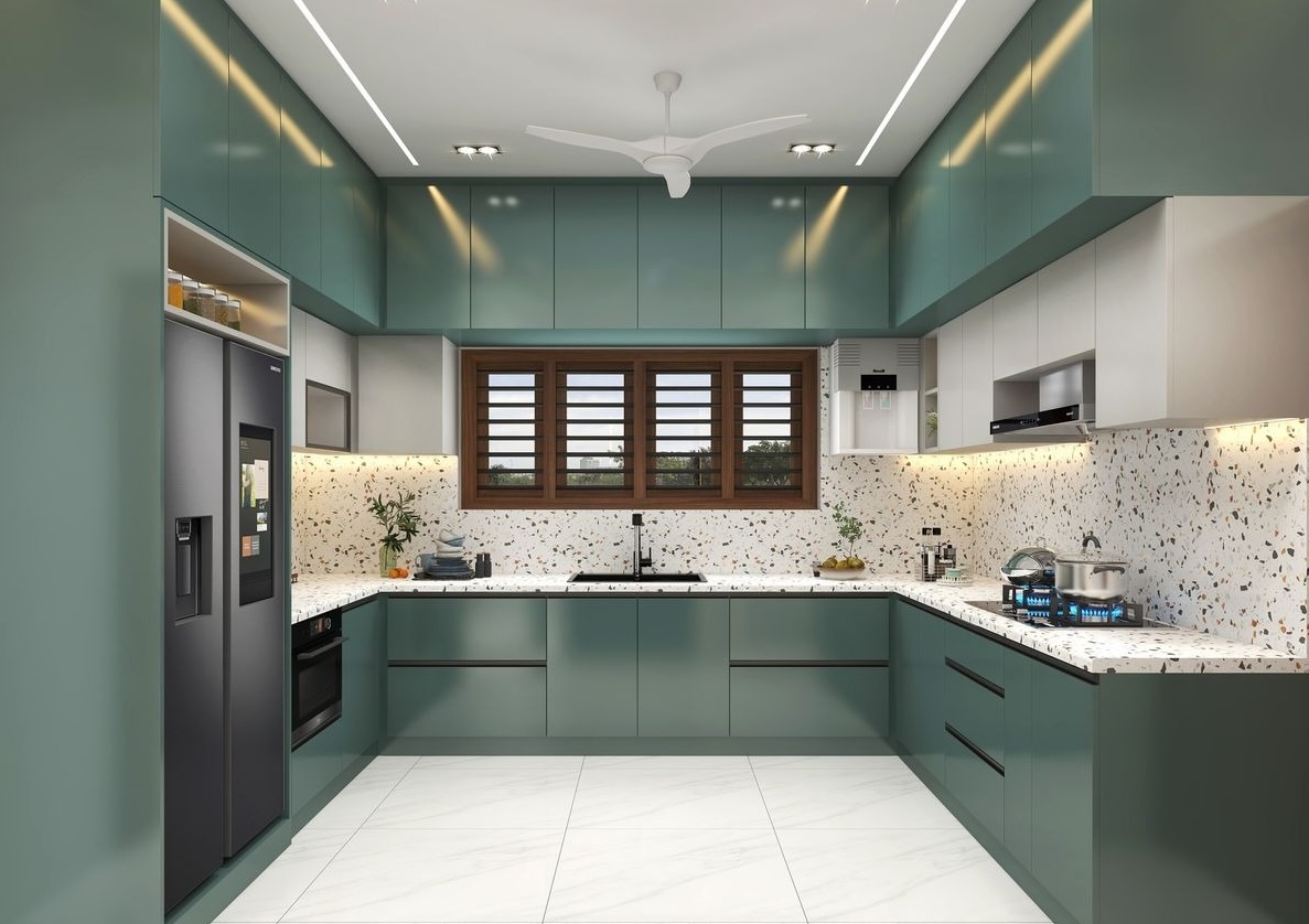 U-shaped modular kitchen design with smart storage and lighting